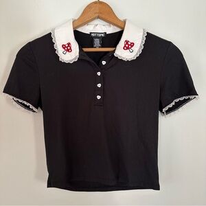 Mushroom Embroidered Lacey Collared Cropped Tee Size Small